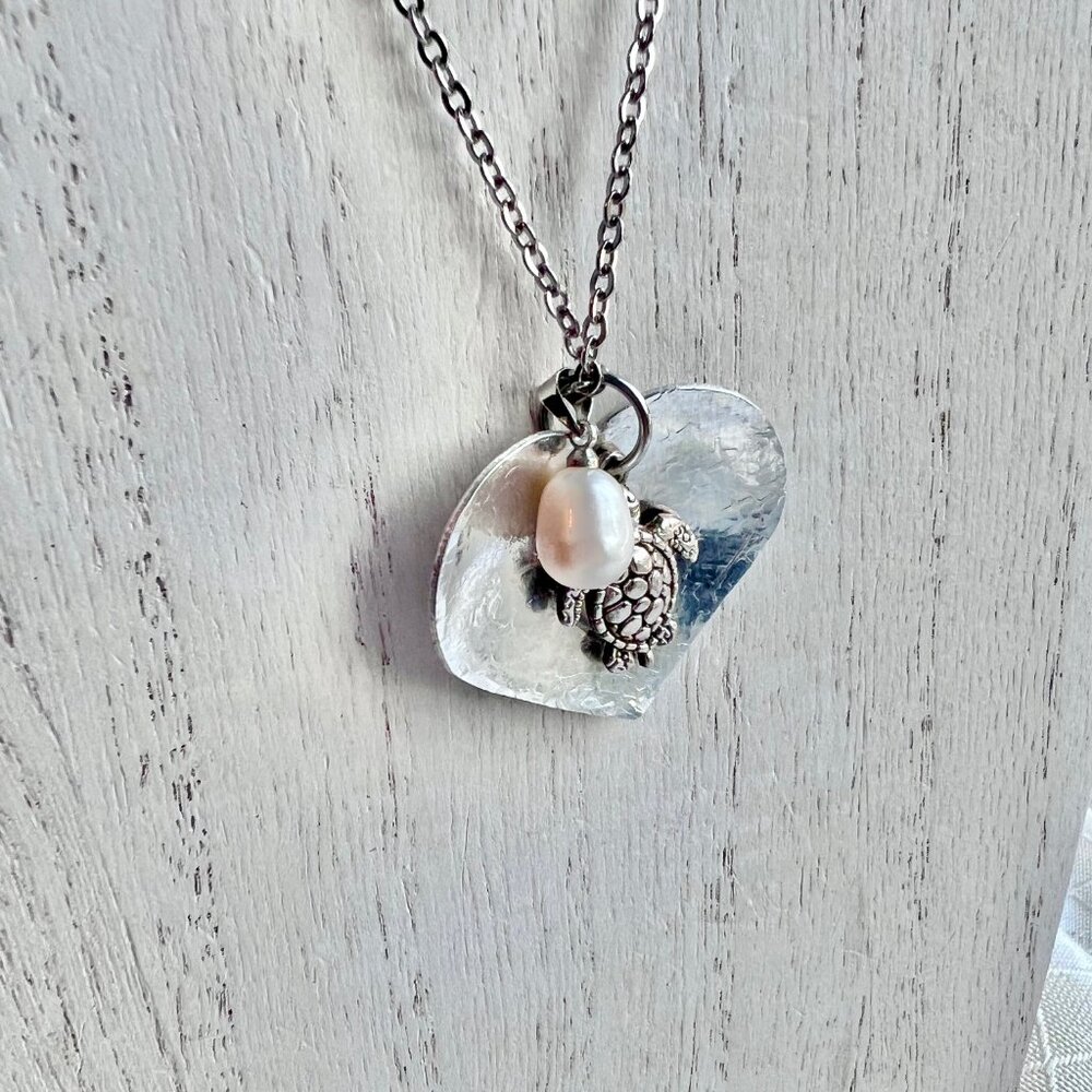 Tropic Beachy Nautical Necklace, Turtle Heart Pearl, Mixed Metal Necklace - Picture 4 of 15